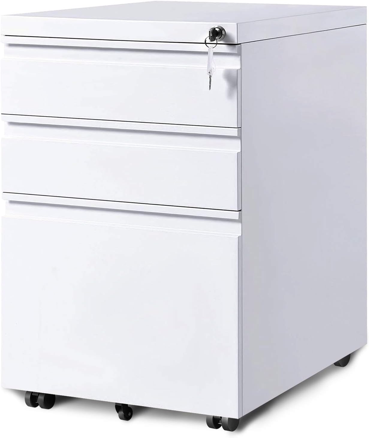 Modern Luxe 3-Drawer Mobile File Cabinet with Keys, Fully Assembled Except Casters (White with Curved Handle)