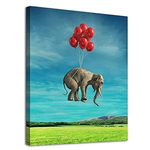 Elephant Canvas Wall Art Modern Fantastic Animal Picture African Elephant with Balloon Canvas Artwork Contemporary Wall Art for Home Decor Bedroom Living Room Decoration Framed Ready to Hang 12" x 16"