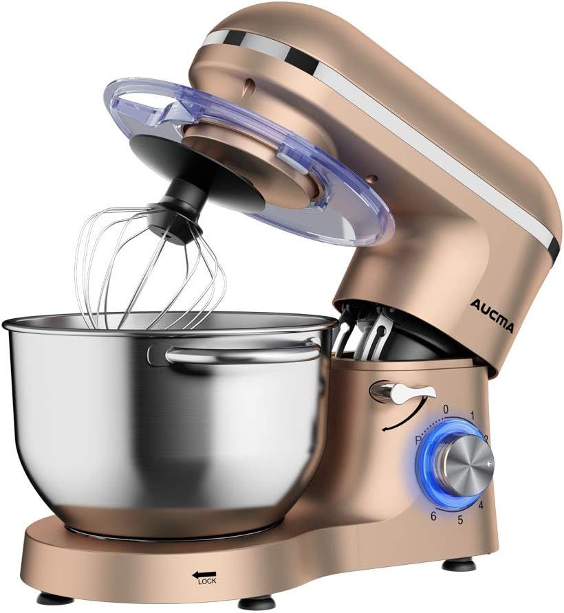 Aucma Stand Mixer, 6.2 L Stainless Steel Mixing Bowl, 6 Speed 1400W Tilt-Head Food Mixer, Kitchen Electric Mixer with Dough Hook, Wire Whip & Beater (Champagne)