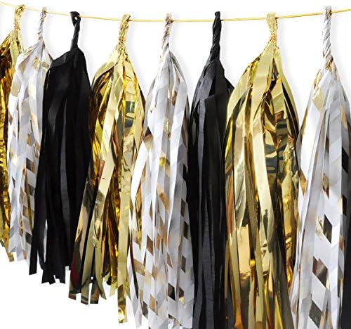 New Year Tassel Garland, Graduation Tissue Paper Party Garland, Gold Foil Tassel, for New Year Decorations, Graduation Party, Birthday, Retired Party Decor, 15 Pcs 14 Inches Long (Black Gold Theme)