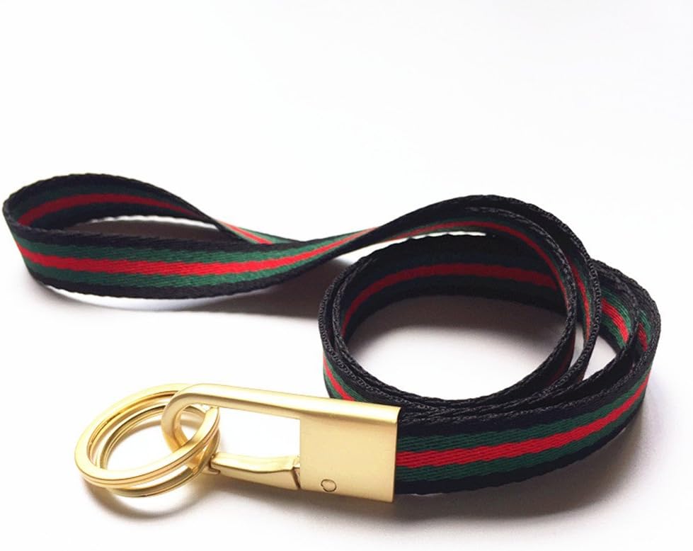 Heavy Duty Golden Keychain Stripe Fabric Neck Strap Lanyard for Keys,ID Card Pass Badge,Phone, Camera etc Device.(Black/Green/Red)