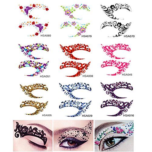 Tmalltide 10 Pair Fun Temporary Eye Tattoo Makeup Transfer Eyeshadow Stickers Eyeliner Crystal Gem Glitter Liner Packs- Butterfly, Wings, Star - Random StylesTransfer