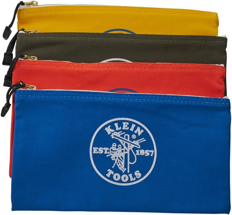 Klein Tools 5140 Zipper Bag, Utility Bag Use as Bank Deposit Bag, Tool Bag or Pouch, More in Olive, Orange, Blue, Yellow Canvas, 4pc Set - - 