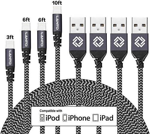 LANTO Cable Charger Cable 4Pack (10FT 6FT 6FT 3FT) Nylon Braided Fast Charging Cord For X/8/8 Plus/7/7 Plus/6/6 Plus/6s/6s Plus/5/5s/5c/SE/(Black+White)