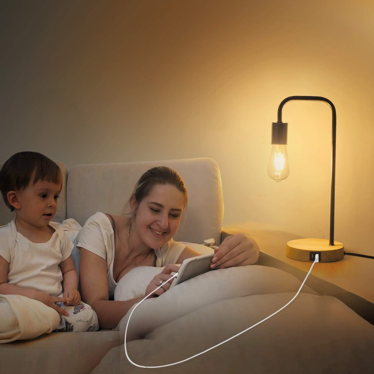 Touch Control Table Lamp, USB Desk Lamp, 3 Way Dimmable Modern Nightstand Lamp with Two USB Charging Ports for Bedroom, Living Room, Office, Dimmable Vintage 6W ST64 E26 LED Bulb Included: Home & Kitchen
