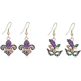 2 Pairs Mardi Gras Earrings for Women Glitter Fleur De Lis Mask Dangle Earrings Boho Handmade Statement Purple Green Earrings Carnival Parade Jewelry Accessories