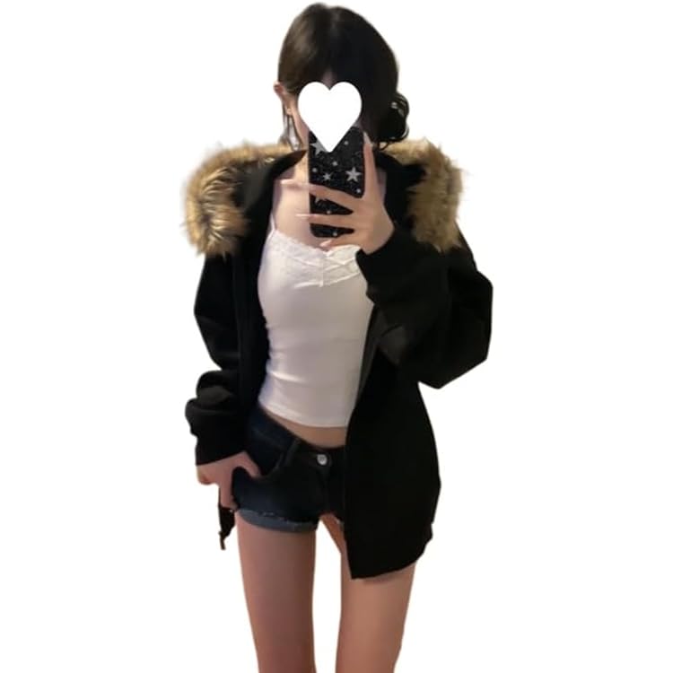 Y2k Zip Up Hoodie Fur Jackets Winter Coats Teen Emo Grunge 2000s