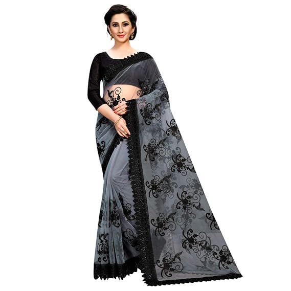 Women's Grey Net Embroidered Work & Lace Border Saree With Unstitched Blouse Piece (Grey)