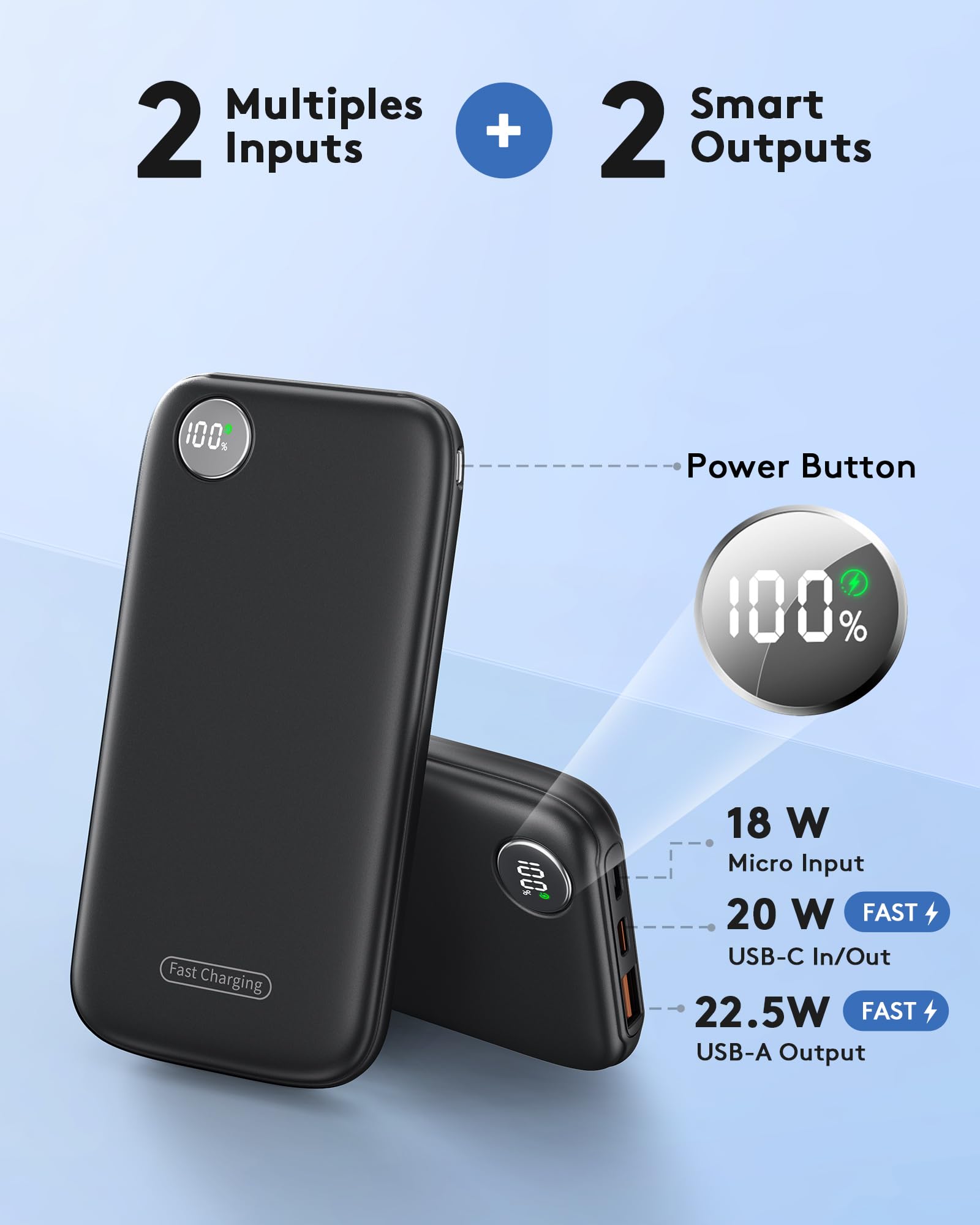 Power Bank Fast Charging, 4.5A/22.5W Portable Charger 10000mAh Slim PowerBank with LED Display USB C In&Output, Phone Battery Pack for iPhone 16 15 14 13 Plus Pro Max Mini, for Samsung Xiaomi iPad