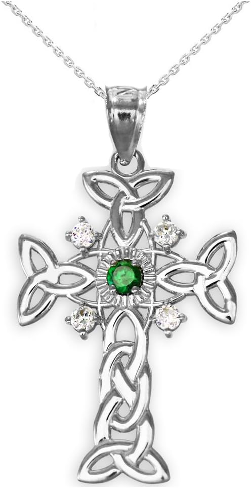 14k White Gold Trinity Knot Diamond Celtic Cross Pendant Necklace with Genuine Emerald