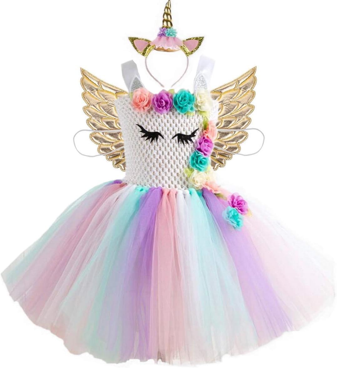 Girls Princess Unicorn Flowers Rainbow Tutu Dress with Headband Horn & Angel Wing