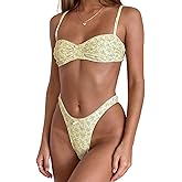 Women Halter String Bikini Set Floral Print Sexy Thong Cheeky Two Piece Swimsuits Lace Trim Bow Bathing Swimwear (Light Yellow, S)