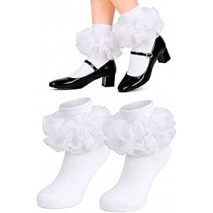 AHDSGJH Women's 4-Layer Organza Lace Big Ruffle Frilly Dress Socks | Soft Breathable Cotton, 2-in-1 Slouch Fit for Mary Janes