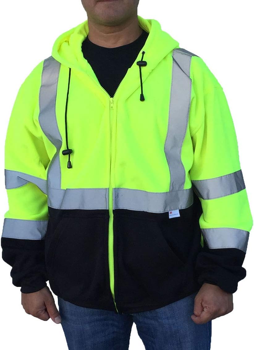 3C Products SAJ6700, ANSI/ISEA Class 3, Men’s Safety Fleece Hoodie Jacket, Reflective, Pockets, Neon Green w/Black Bottom