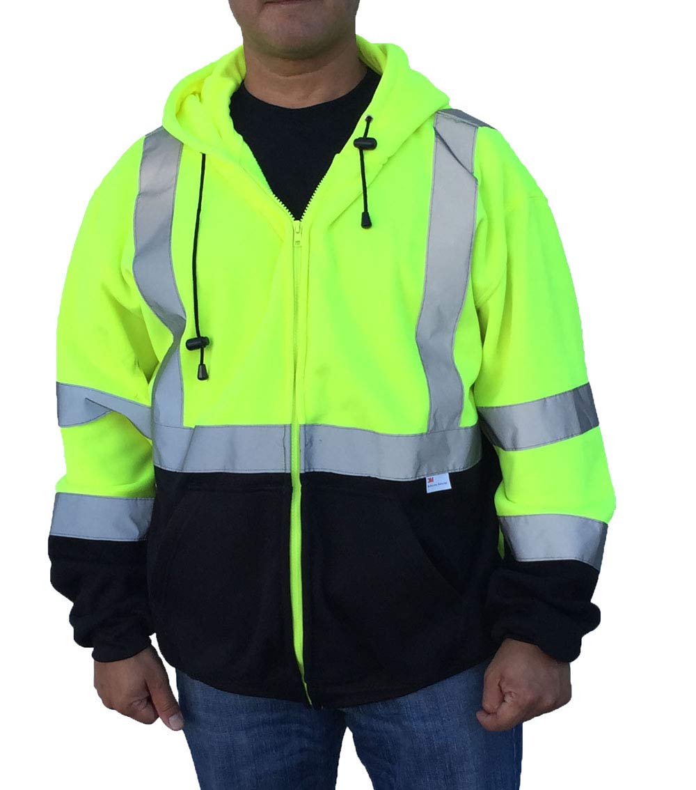 3C Products SAJ6700, ANSI/ISEA Class 3, Men’s Safety Fleece Hoodie Jacket, Reflective, Pockets, Neon Green w/Black Bottom