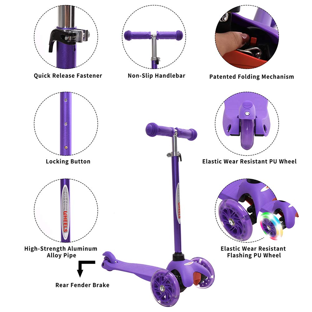 ChromeWheels Mini Scooter for Toddlers, Deluxe 3-Wheeled Scooters for Kids, 4 Adjustable Height Glider with Kick Scooters, Lean-to-Steer with LED Light-Up Wheels for Ages 3-6 Girls Boys