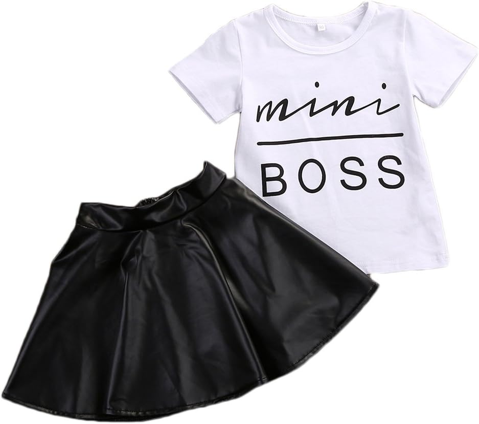 Bigbuyu Toddler Girls 2pcs Skirt Set Letters Print T-Shirt Top and Leather Black Skirt Outfits Set (Mini Boss, 1-2Years)