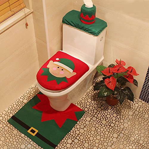 Festive Christmas Bathroom Decoration Set, 3-Piece Plush Snowman and Santa Toilet Seat Cover and Rug Set with Tank Tissue Box Cover For Holiday Bathroom Ornament (Santa Elf)