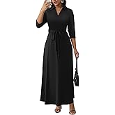 FANDEE Maxi Dresses for Women V Neck Casual A-line Dress 3/4 Sleeve Semi Formal Dress for Women