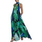 GGUHHU Womens Color Block Floral Maxi Halter Dress Hollowed V-Neck Backless Accordion Beach Dresses