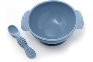 PrimaStella Unbreakable Silicone Non-Slip Bowl and Chew Spoon Set for Babies and Toddlers (Slate Blue)