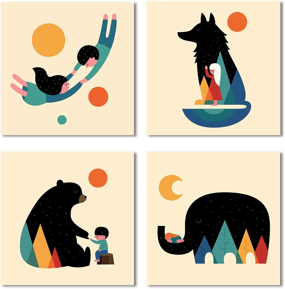 Woodland Animal Nursery canvas wall Art Prints Set of 4, Baby wall art, Kids Room Wall Decor. (Red)