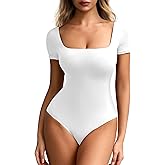Mobeso Women's Sexy Square Neck Double-Lined Bodysuits Short Sleeve T-Shirts Body Suits Summer Slim Fitted Tops