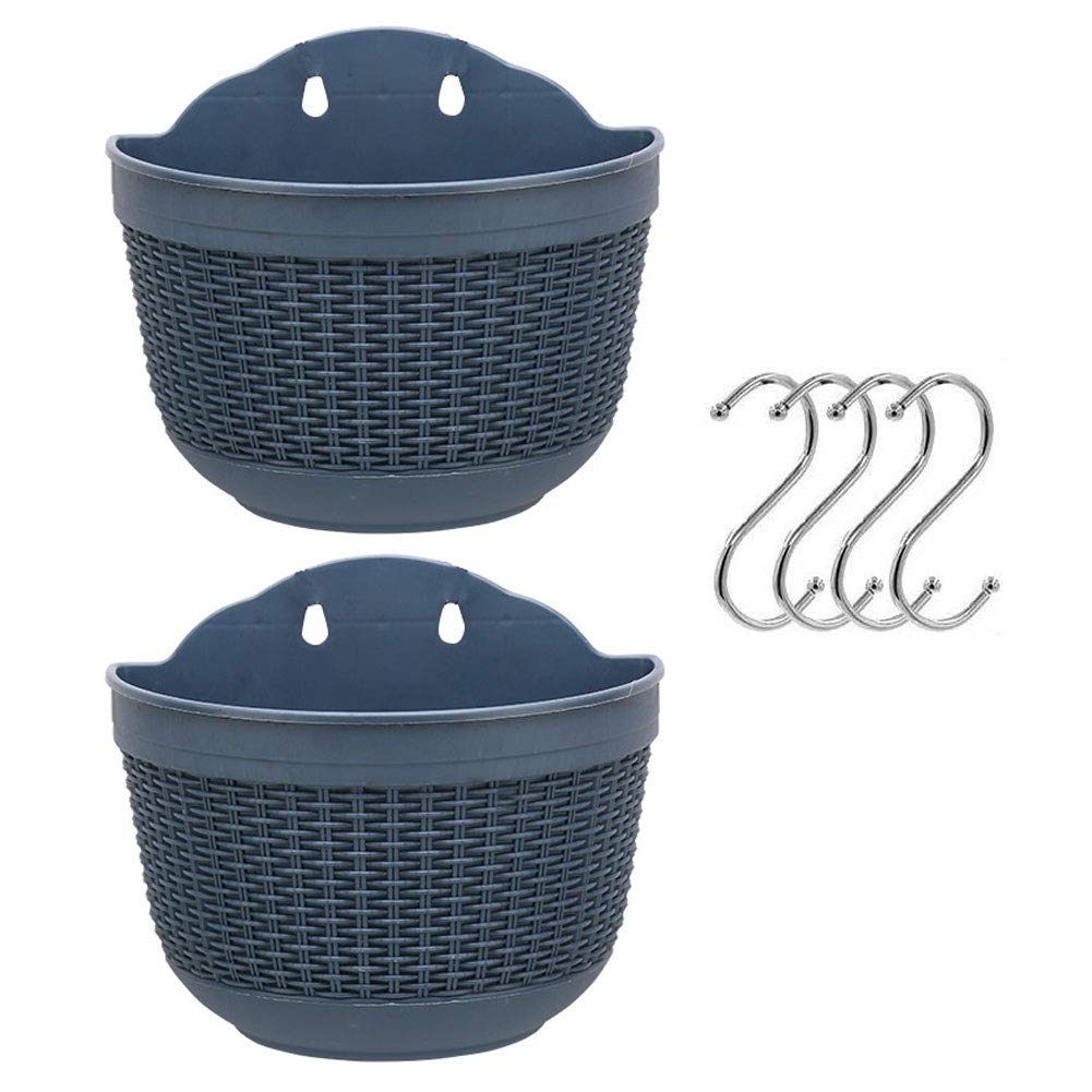 BULZEU Set of 2 Pcs Hanging Planters Outdoor Hanging Basket Plastic Flower Pot Plants Holder Hanger for Balcony Fence Wall Mounted Planters Hanging Fence Planters with Drainage and 4 Hooks