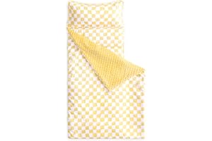Wake In Cloud - Toddler Nap Mat with Pillow and Minky Fleece Blanket, for Kids Boys Girls in Daycare Preschool Kindergarten, Roll Up Sleeping Bag, Gingham Grid Checkered, Yellow White, Standard