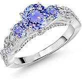 Gem Stone King 1.47 Cttw Blue Tanzanite and White Moissanite Engagement Ring For Women | 925 Sterling Silver | Gemstone December Birthstone | Round 6MM and 3MM