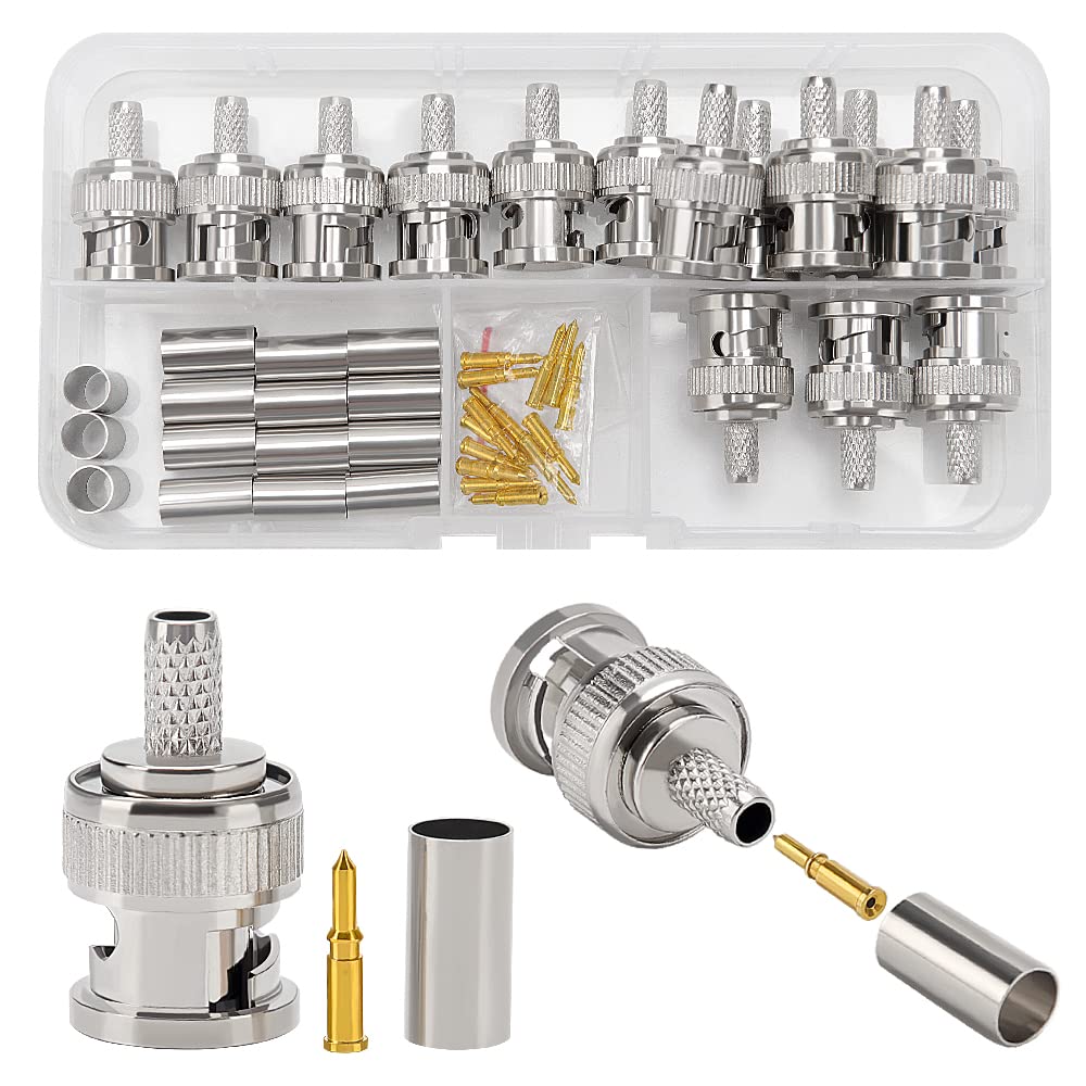 KUOQIY 15 PCS BNC Male Crimp-on Connector for RG58 RG142 RG400 LMR195 Coaxial Cable, Male BNC Plug Crimp Connector Kits for CCTV Camera Connection