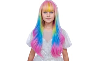 Ufindcos Rainbow Wig for Kids Girls Long Colorful Wig with Bangs Multi-color Wavy Curly Child Wigs 22 inches Synthetic Wigs