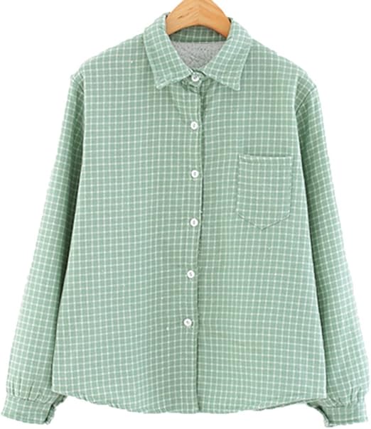 Amazon チェック 種類 ギンガム ブロック グラフ 柄 格子 裏 ボア コットン キュート かわいい レディース 長袖 カレッジ シャツ ブラウス グリーン シャツ ブラウス 通販