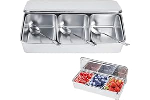 TOTITOM Seasoning Condiment Container, 3 Compartment 304 Stainless Steel Seasoning Organizer Box with Lids Spoons, for Snacks Flour Dry Goods Fruits Ingredient Kitchen Restaurant Pantry