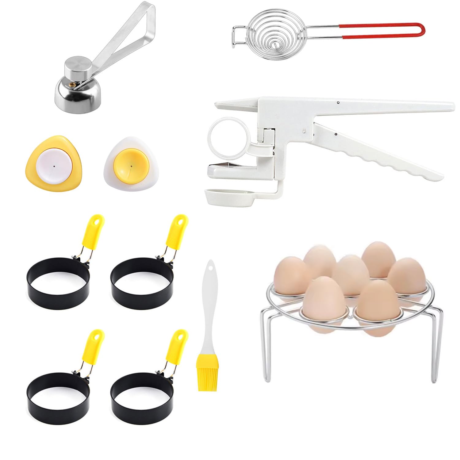 Photo 1 of 11 Pcs egg peeler tools for hard boiled eggs and Frying Eggs, Cooked eggs and a shell remover kit with 4 Egg Rings, 2 Egg Piercers, 1 Egg Cracker, 1 Egg Cutter, 1 Egg Separator, 1 Egg Steaming Rack.