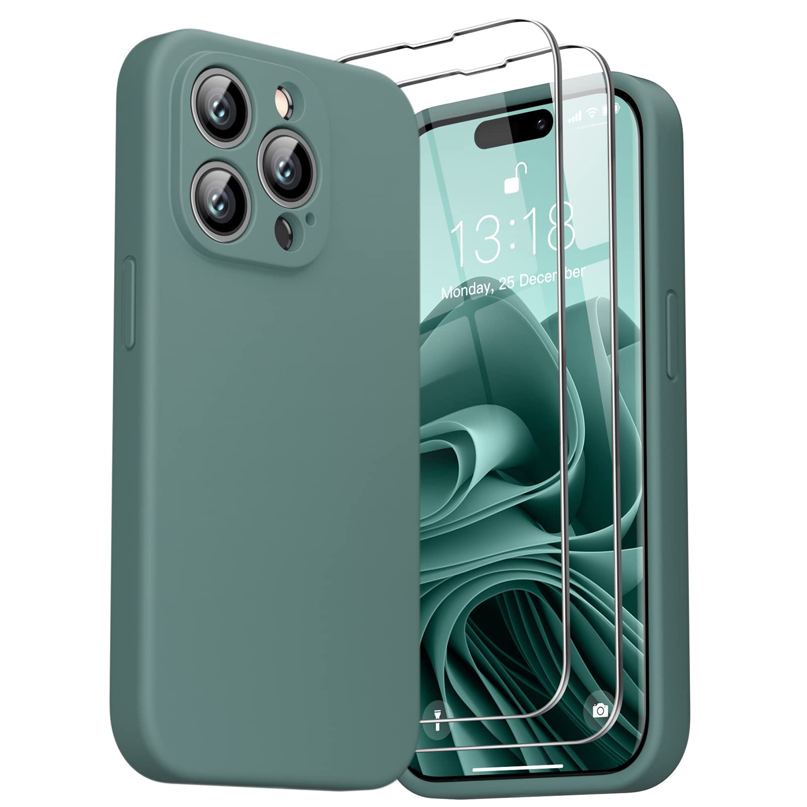 GOODVISH 3 in 1 Designed for iPhone 14 Pro Silicone Case 2022, with 2 Pack Screen Protector, Full Cover [Enhanced Camera Protection] 6.1" Soft 14pro Case[Anti-Scratch Microfiber Lining], Pine Green — image 1