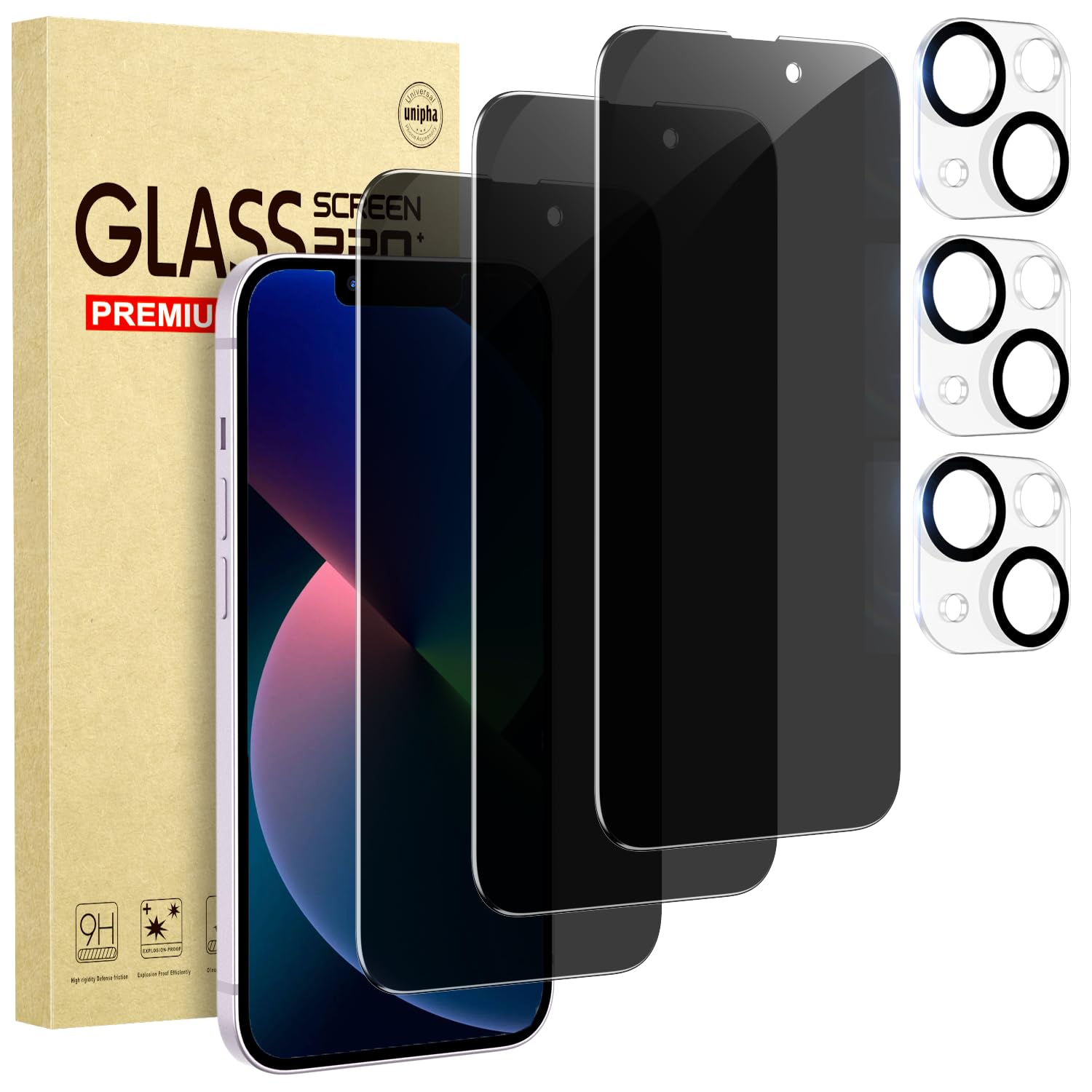 Cutebe 3 Pack Privacy Screen Protector for iPhone 13 +3 Pack Camera Lens Protector with Tempered Glass,Touch Sensitive and Case Friendly(iP-13