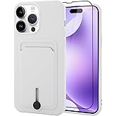 MZELQ TPU Wallet Compatible with iPhone 15 Pro Max Case, Card Holder Camera Protection Cover + Screen Protector, Push-able Slot for Girls Women -White