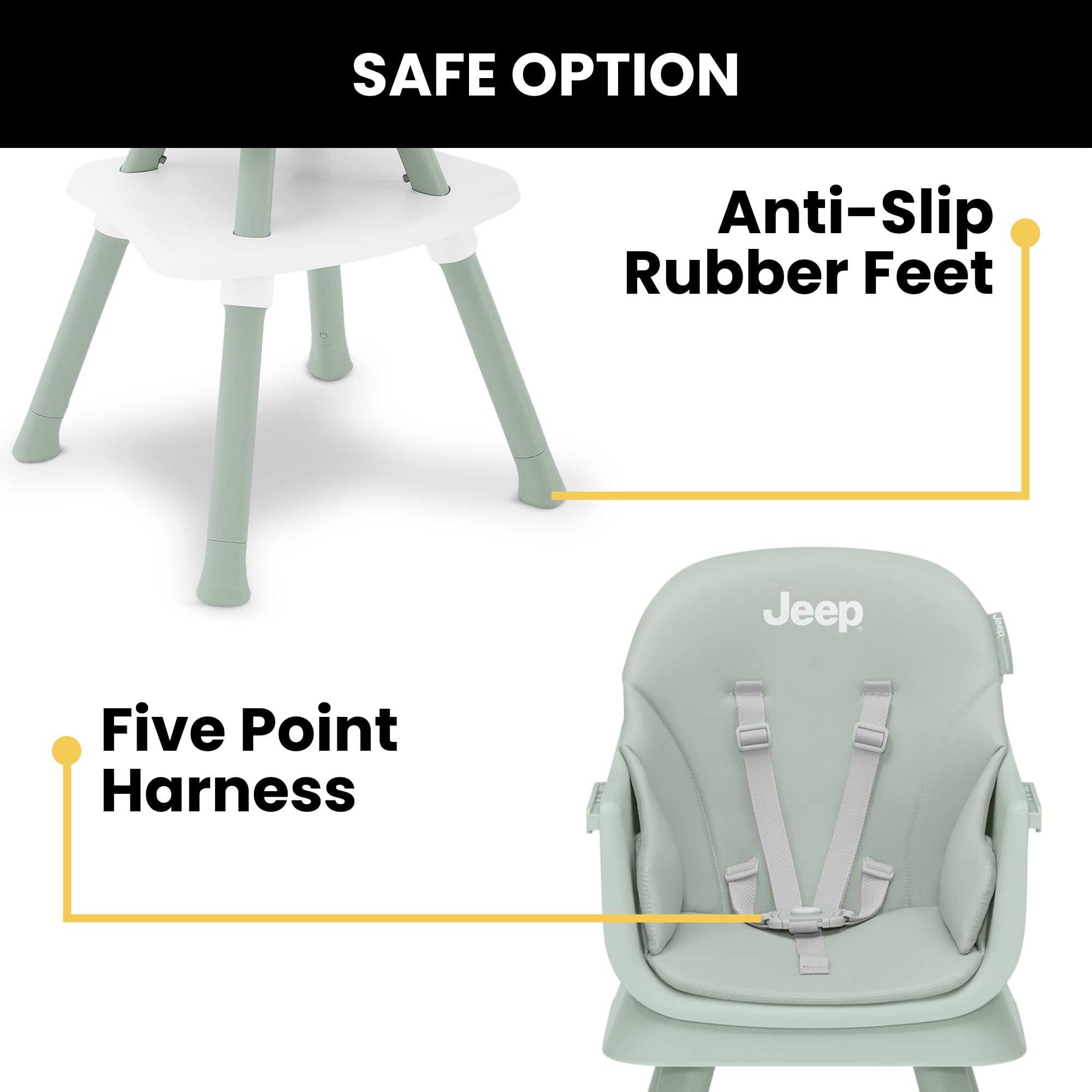 Jeep Milestone 6-in-1 High Chair by Delta Children - High Chair Converts to Stool, Booster Seat, Toddler Chair, Activity Table and Desk and Chair, Sage Green