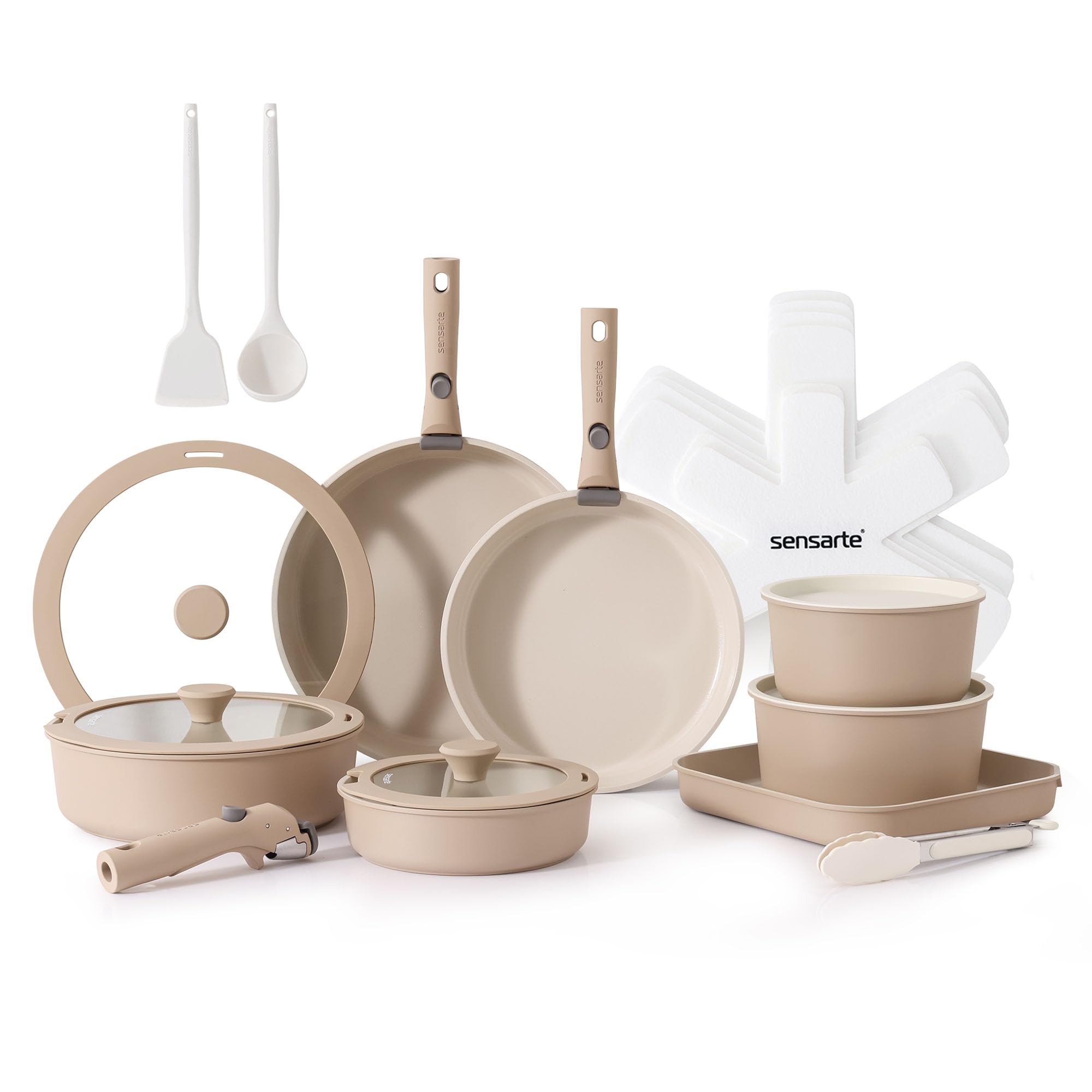 Photo 1 of **FACTORY SEALED** SENSARTE 24 Piece Ceramic Pots and Pans Set, Nonstick Detachable Handle Cookware, Induction Cookware Set with Removable Handle, Healthy Non Stick for RV, Dishwasher?Oven Safe, PFOA Free (Almond Beige)