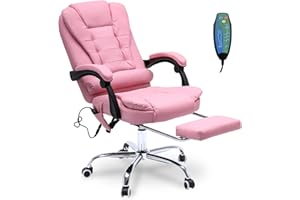 ONPNO Reclining Office Chair with Massage, Ergonomic w/Foot Rest, PU Leather Executive Computer w/Heated, Padded Armrest, High Back Swivel Recliner for Home Study (Pink), 18D x 26W 45H in (898)