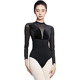RuiBalletto Women's Turtleneck Ballet Leotard With Mesh Long Sleeve, Velvet Dance & Gymnastics Bodysuits