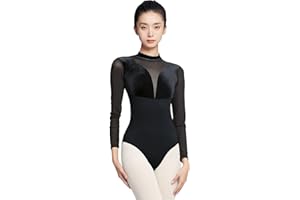 RuiBalletto Women's Turtleneck Ballet Leotard With Mesh Long Sleeve, Velvet Dance & Gymnastics Bodysuits