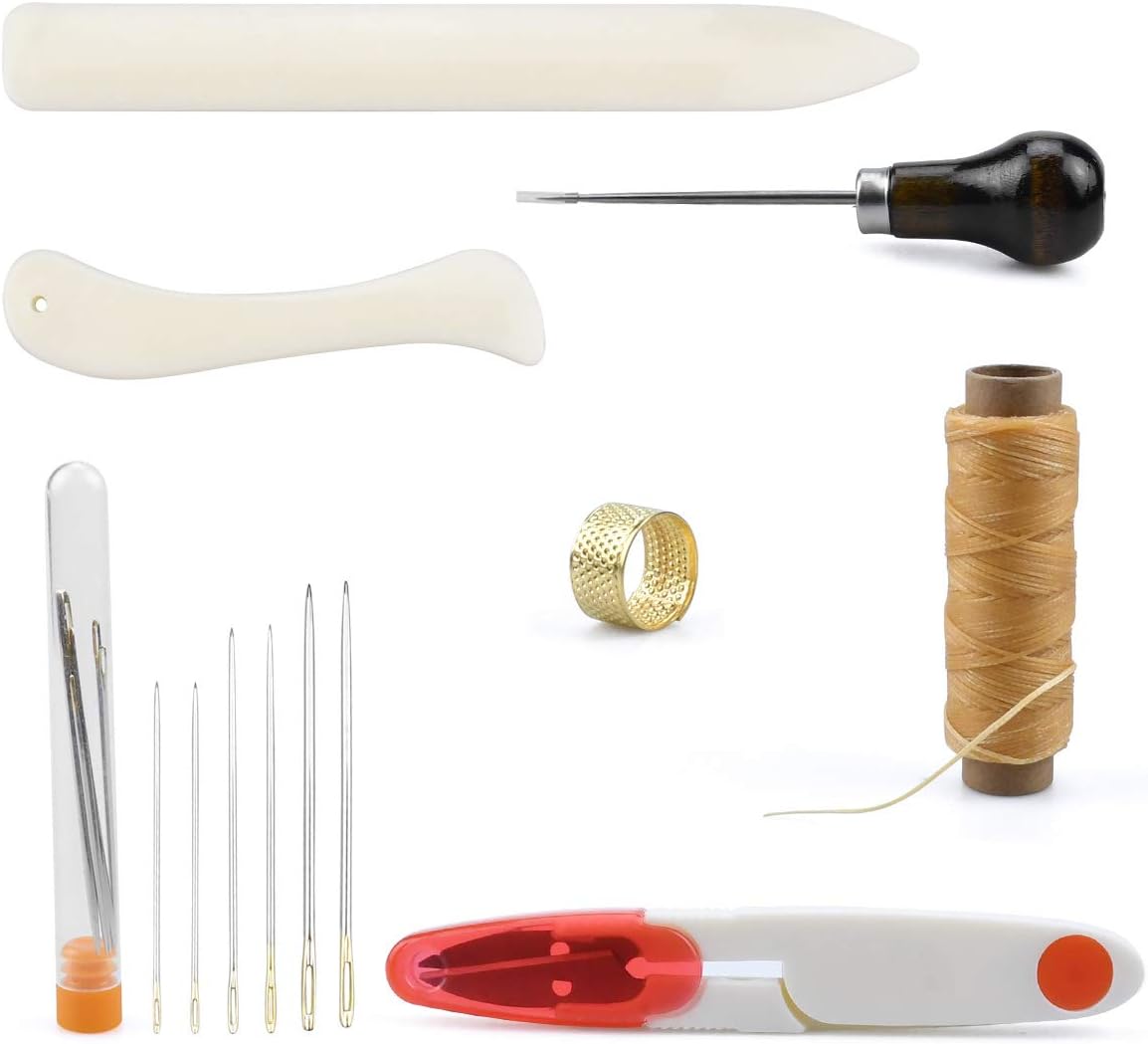 Bookbinding Tool Kit 13 Pieces Starter Tools Set Bone Folder Paper Creaser, Waxed Thread, Awl, Large-Eye Needles for DIY Bookbinding Crafts and Sewing Supplies (A)