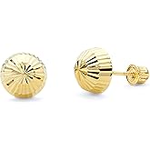 14k Yellow Gold Half Ball Diamond Cut Stud Earrings with Screw Back - 6 Different Size Available
