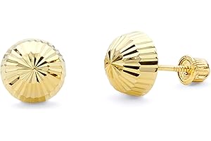 THE WORLD JEWELRY CENTER 14k Yellow Gold Half Ball Diamond Cut Stud Earrings with Screw Back - 6 Different Size Available
