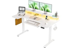 OffiGo U Shaped Electric Standing Desk with Keyboard Tray, 55 Inch Height Adjustable Desk with Power Outlets & LED Lights, Sit Stand Table with Monitor Stand for Home, Office, White