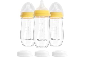 Numvim Natural Glass Baby Bottles Set, Gentle Medium Flow, Anti Colic Bottles for 3 + Months Breastfed Babies, 3 Packs (Yello