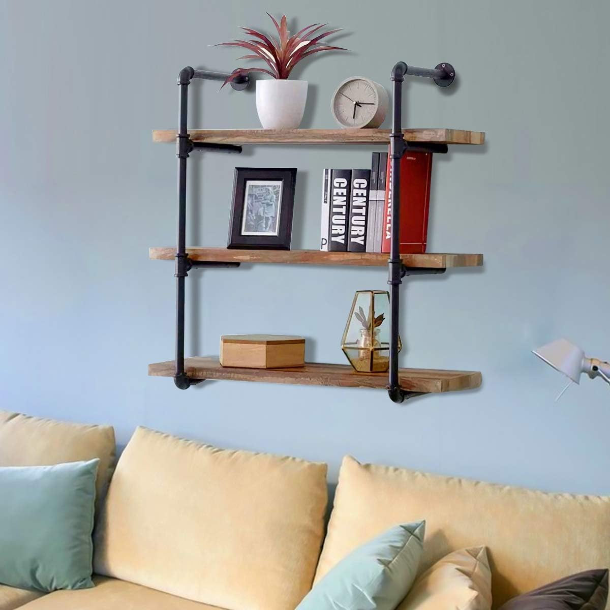 2-Pack Industrial Pipe Shelf Bracket, 3-Tier Wall Mounted Iron Shelving Bracket Vintage Black for DIY Shelf Office Room Kitchen (Plank Not Included): Home Improvement