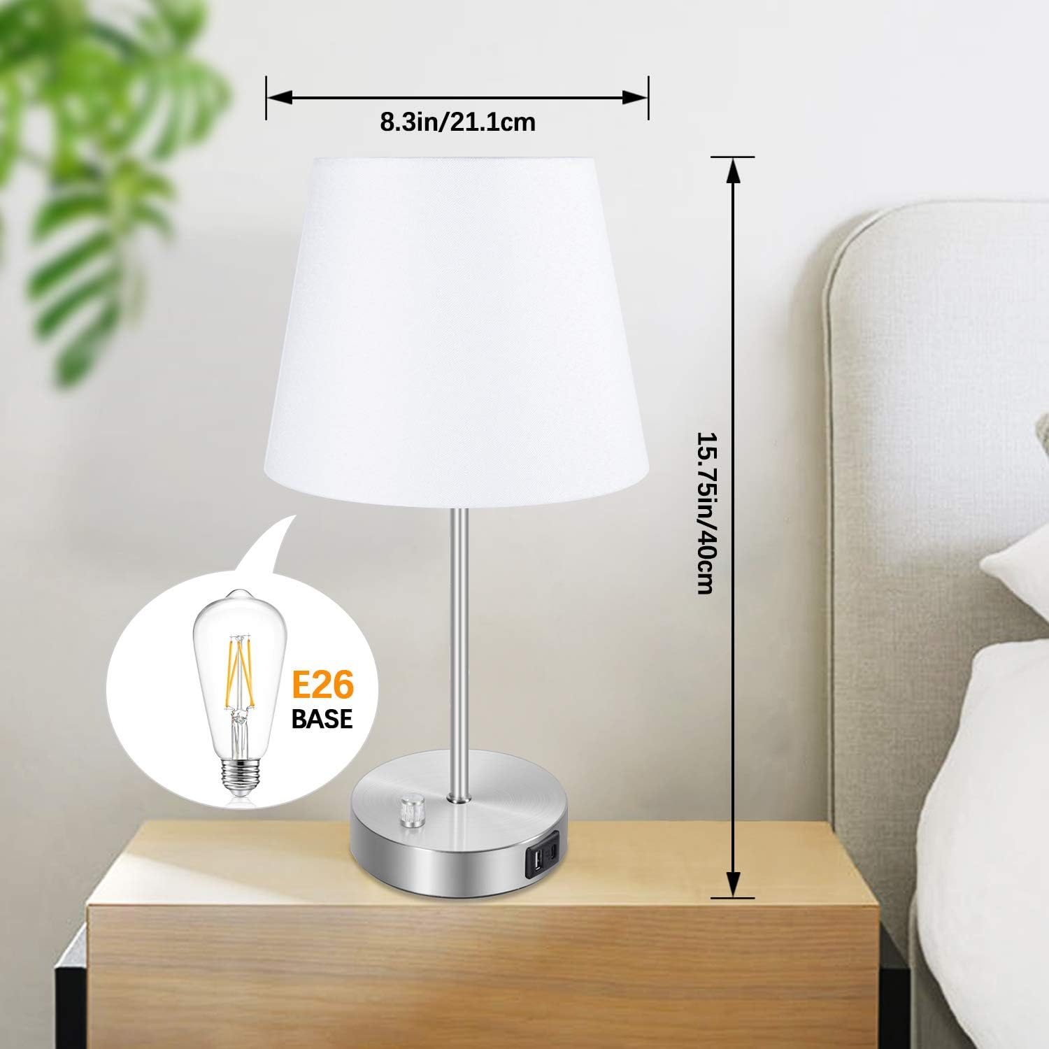Fully Dimmable Bedside Table Lamp with USB and Type-C Ports, Modern Nightstand Lamp, Desk Reading Lamp with Fabric Shade for Bedroom Living Room Dorm Office & Hotel, 7W 2700K LED Edison Bulb Included - - 